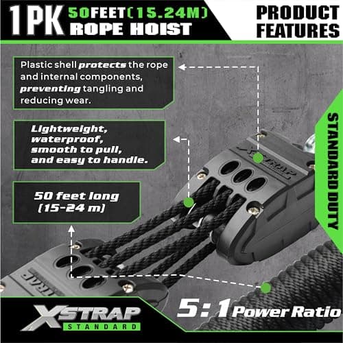 XSTRAP STANDARD Heavy-Duty 2,000LB 50 Feet Rope Hoist Pulley 1 Ton Wheel Block and Tackle System 5:1 Ratio Lifting Power with 2PK 18 Inch Soft Loops (Upgraded 50ft Black) - Thumbnail 6