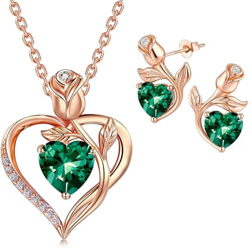 JACUPO Rose Heart Necklace and Earrings Set Moissanite/Lab-Grown Sapphire/Ruby Options S925 Sterling Silver 18K White Gold Plated Engraved "I LOVE YOU" Mothers Day Gift for Mom Birthday Gift for Her Women Girlfriend Wife(Necklace 1.2CT / Earrings 0.8CT) - Image 1