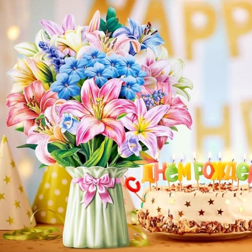 Airpark 3D Pop Up Flower Greeting Cards, Lilies and Lupines Paper Flower Bouquet Pop Up Birthday Card, Mother's Day, Get Well, Thank You Gift Cards for Women Mom Friends, Blank Notecard & Envelope - Thumbnail 4