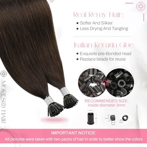Moresoo Itip Hair Extensions Human Hair Dark Brown I Tips Hair Extensions Human Hair Soft Silky for Women 40g 50 strands I Tip Extensions Remy Hair 16 inch - Thumbnail 3