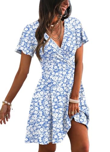 RUMIA Womens Summer Dresses 2026 Wrap V Neck A-line Casual Sundresses Holiday Party Cocktail Dress Floral Blue M - Image 1
