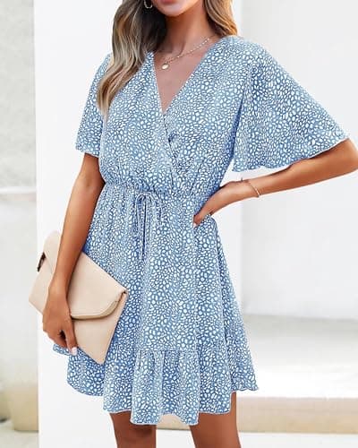 KIRUNDO Womens Summer Dresses 2026 Casual Spring Short Sleeve V Neck Ruffle Floral Print High Waist Belted Flowy Mini Dress(Medium, Light Blue) - Thumbnail 6