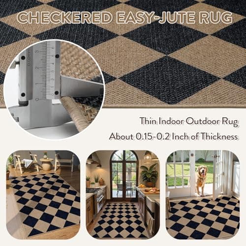 Lahome Colette Checkered Easy Jute Entry Rug, 3x5 Black Outdoor Patio Rug for Living Room Farmhouse Neutral Carpet, Washable Non Slip Indoor Door Mat Diamond Carpet for Front Door Deck Camping - Thumbnail 4