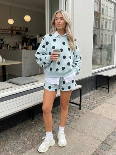 KevaMolly Women Polka Dot Drop Shoulder 2 Piece Lounge Set Sky Blue M - Thumbnail 6