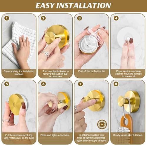 BKV Suction Cup Hooks for Glass Window,Removable Shower Hooks for Inside Shower,Metal Towel Hooks for Bathrooms,4 Pack(Gold) - Thumbnail 6