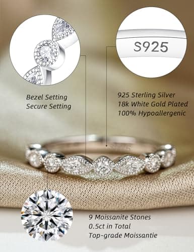 IMOLOVE Moissanite Wedding Bands for Women, Trendy 0.5 Carat Silver Marquise Wedding Band Everyday Fashion Moissanite Eternity Band Rings for Women with 18K White Gold Plated Size 9 - Thumbnail 2