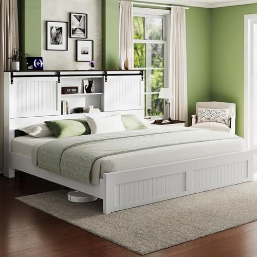 Uteeran King Size Bed Frame with Storage Headboard, Sliding Barn Door, Wood Platform Bed with Reading Light and Charging Station, Wood Slats Support, Easy Assembly, Noise-Free, Antique White