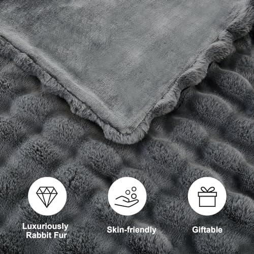 DREAMNINE Soft Faux Bubble Rabbit Fur Throw Blanket for Couch, Thick Cozy Decorative Warm Fuzzy Fur Blanket for Sofa Chair Bedroom Living Room Dorm Gift, 50 * 60 Inches, Grey - Thumbnail 4