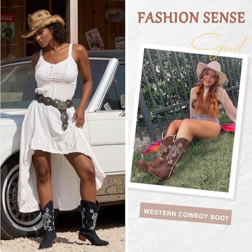 Jeossy Women's Cognac Cowboy Mid Calf Boots, Cute Boot with Embroidery Flower, Low Heel Western Cowgirl 9807 Boot, Comfy Riding Round Toe Boots with Side Zipper, Size 7.5 US(DJY9807 Cognac 07.5) - Thumbnail 3