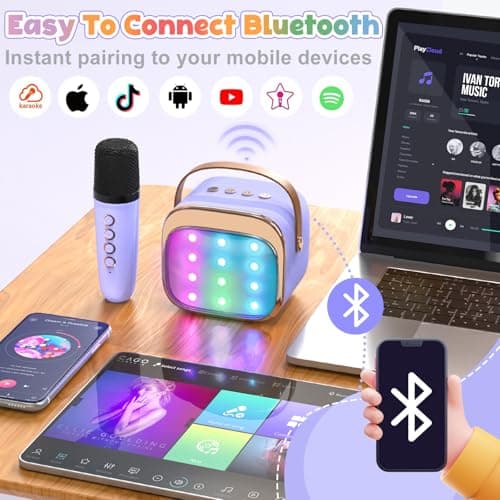 FLUESTON Mini Karaoke Machine for Kids Adults, Portable Bluetooth Speaker with 2 Wireless Microphones, Easter Basket Stuffer for Kids, Toys for Girls Ages 3, 4, 5, 6, 7, 8, 9,10,11 + Years Old - Thumbnail 5