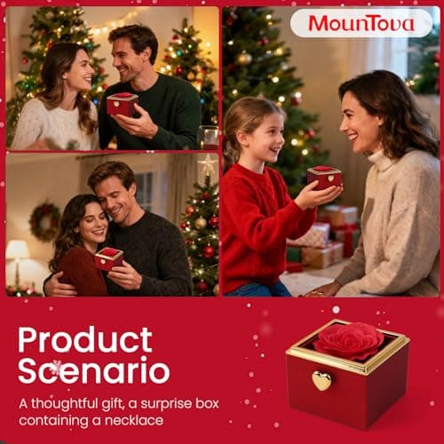 mountova Valentine’s Day Gift for Her Preserved Rose Surprise Box with Heart Necklace, Luxury Flip Jewelry Box, Romantic Gift for Girlfriend or Wife, Anniversary & Proposal (red) - Thumbnail 4
