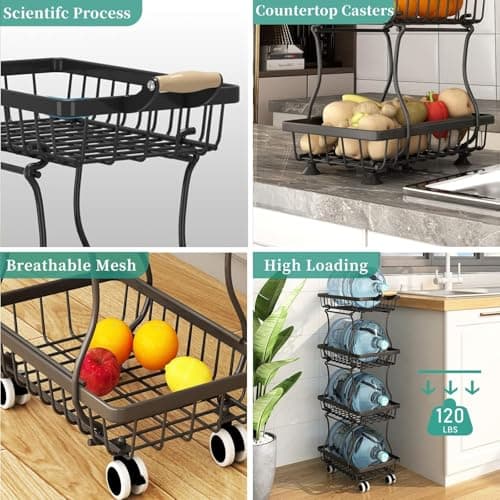 MJIMKE 4-Tier Vegetable Fruit Basket for Kitchen, Rolling Pantry Floor Organizer and Storage Cart with Wheels, Stackable Wire Product Basket Stand Potato Onion Bins Snack Rack for Pantry - Thumbnail 6