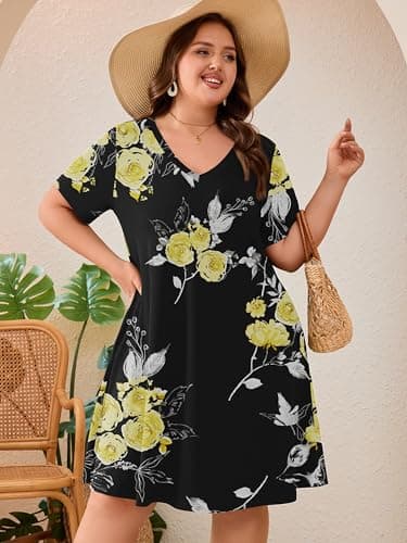 AusLook Plus Size Midi Dress for Women Black Golden Floral 3X Short Sleeve Loose V Neck Summer Casual A Line Knee Length Work Outfit T Shirt 2026 Sundresses with Pockets - Thumbnail 3