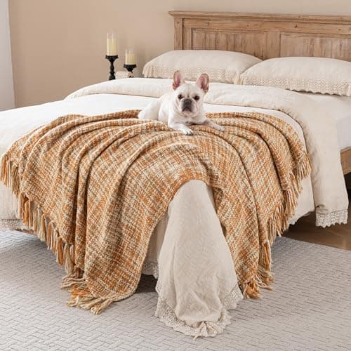 Feabuccy Soft Neon Color Knit Throw Blanket with Tassels, Cozy Boho Home Decro Throw for Sofa Couch Chair Bed, 50X60 Inch, Machine Washable, Orange Color Scheme - Thumbnail 2