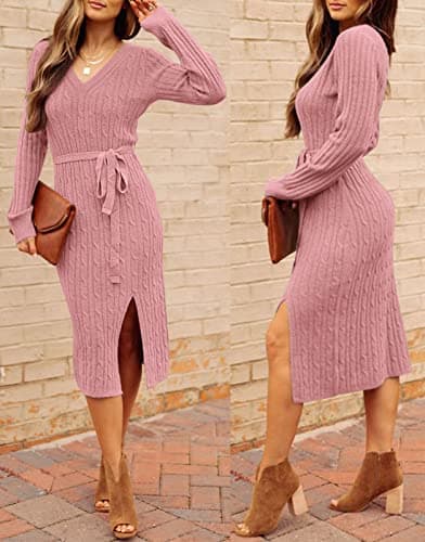 MEROKEETY Women's 2025 Fall Long Sleeve Bodycon Sweater Dress Winter V Neck Cable Knit Slit Midi Dresses, Dustypink, M - Thumbnail 6