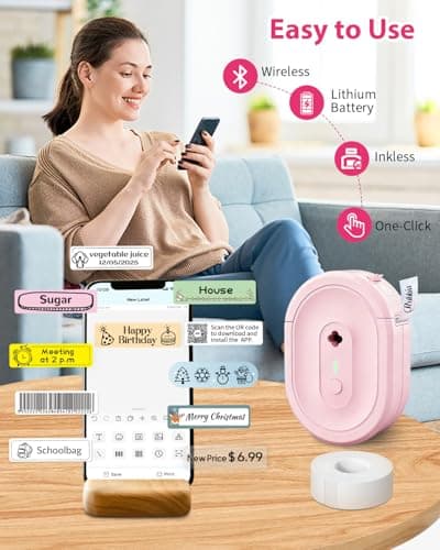 NDYIN Label Maker Machine with Tape, N12 Portable Bluetooth Label Printer, Wireless Mini Label Makers Thermal Sticker with Multiple Templates for Home, Kitchen, School, Office Organization, Pink - Thumbnail 3