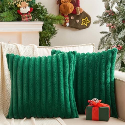 GriNeed Pack of 2 Christmas Green Pillow Covers 20x20 Inch Decorative Faux Fur Emerald Throw Pillow Cover, Soft Lumbar Plush Pillowcases for Couch Sofa Bed Living Room, Fluffy Cute Home Boho Decor - Image 1