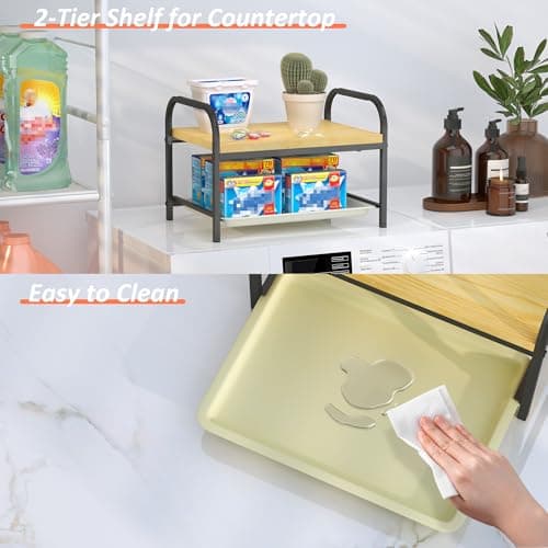 2-in-1 Laundry Detergent Holder & Organizer with Drip Tray, 2-Tier Metal Shelf for Countertop - Soap Dispenser & Storage Stand for Laundry Room, Kitchen, Bathroom, Black - Thumbnail 5