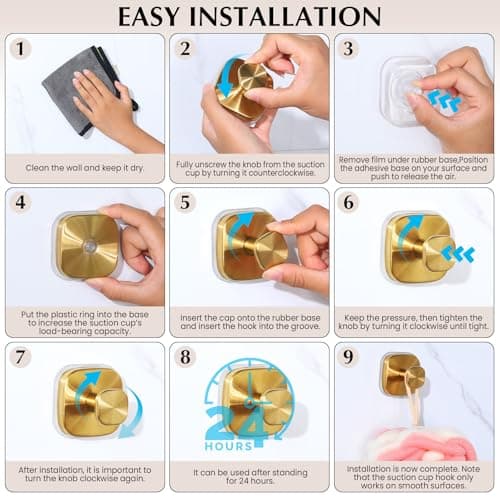 warlve Suction Cup Hooks for Shower - Reusable No-Drill Mounting - Hooks for Towels, Robes & Loofah on Metal, Glass, Mirrors, Tile & Smooth Non-Porous Surfaces (2, Brushed Gold) - Thumbnail 6