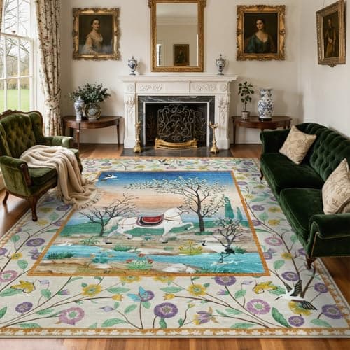 LIVEBOX Washable 8x10 Rug for Living Room, Non-Slip Horse Jungle Floral Artistic Area Rug, Western Nature Kids Girls Rugs for Bedroom Nursery, Luxury Carpet for Dining Room (Beige, 8x10) - Image 1