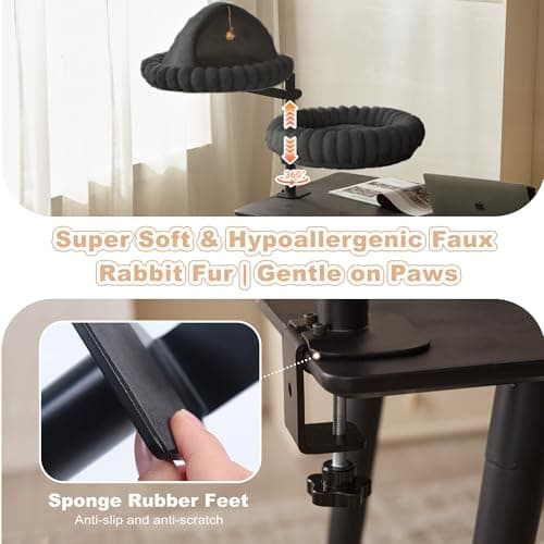 Dogpals 2-in-1 Cat Desk Bed: 360° Rotating & Height Adjustable Cat Tree with Semi-Enclosed & Open Layers, No-Drill Clamp for Desk up to 1.18" Thick, Supports 9lbs for Office, Grey - Thumbnail 2