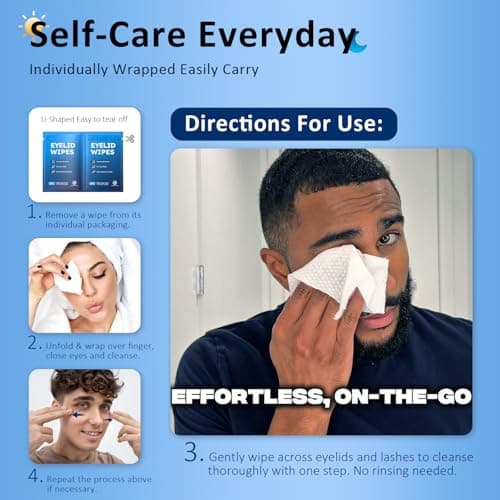 60PCs Eyelid & Lash Wipes with Hyaluronic Acid, Tea Tree Oil Eyelid Cleaser For Blepharitis, Itchy & Stye Eyes, Pre-Moistened Eyelid Wipes for Dry Eyes Relief, Daily Eye Cleanser for Sensitive Skin - Thumbnail 6