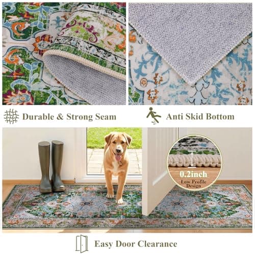 U'Artlines 2' x 6' Boho Hallway Runner Rug, Non Slip Washable Vintage Farmhouse Kitchen Rug Accent Area Carpet for Entryway Laundry and Living Room (Green) - Thumbnail 3