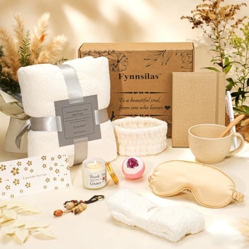 Fynnsilas Stress Relief Spa Gift Box for Women – 12pc Self Care Set w/ Oud Wood Candle, Blanket, Bath Bombs, Eye Mask, Fuzzy Socks | Birthday Get Well Thinking of You Gift - Image 1