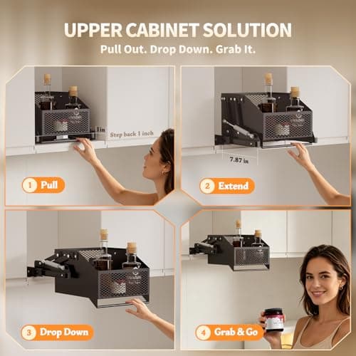 HOUSE AGAIN Pull-Down Cabinet Organizer for High/Deep Cabinets, Drop Down Spice Rack, 12.6" Out & 1.8" Down, Dual Install (Screw/3M Tape), Fits Frameless, for Spices, Snacks and Small Bottles (Black) - Thumbnail 6