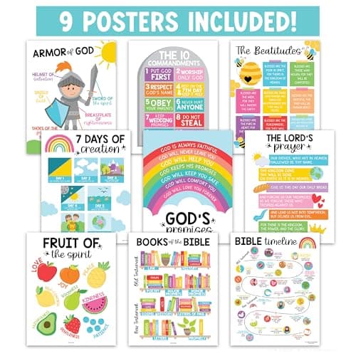 Hadley Designs Sunday School Decorations for Classroom –9 Bible Posters for Kids, Books of the Bible, 10 Commandments, Bible Timeline Chart, Fruits of the Spirit, Rainbow Christian Classroom Decor - Thumbnail 3