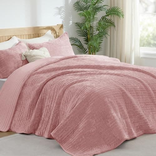 BEDELITE Velvet Quilt Set King Size, Luxury Velvet Comforter for All Season, Lightweight Soft Quilted Bedding Set, Striped Channel Oversized Bedspread Coverlet with 2 Pillow Shams, Rose Pink - Thumbnail 2