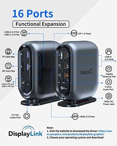 16-in-1 Universal Docking Station for All Laptops with 150W Power Adapter, Triple Monitor for Mac, Windows, ChromeOS, Linux, Dual HDMI, DP, 10Gbps USBC USBA, Gigabit Ethernet, SD/TF, Audio - Thumbnail 2