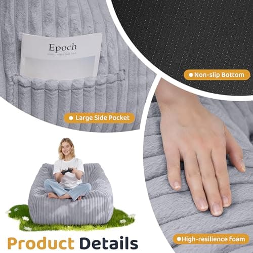 HABUTWAY Bean Bag Chair, Giant Bean Bag Chairs for Adults and Kids, Bean Bag Sofa, Lazy Floor Sofa, Faux Fur Beanbag Chair with Armrests for Living Room Bedroom (Grey) - Thumbnail 3