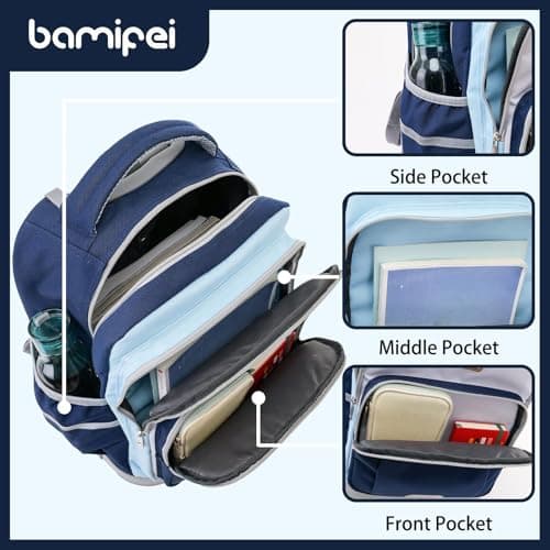 BAMIFEI 18 Inch Blue Rolling Backpack for Kids Climb Stairs Backpacks Kids Backpack Carry On Wheeled School Backpack, Spacious Multiple Compartments Reflective Strip Travel Backpack - Thumbnail 5