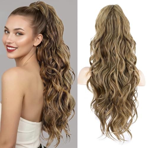 LRSICAL Ponytail Extension, Claw Clip Ponytail Extension Long Wave Ponytail Extensions for Women Fluffy Natural Synthetic 26 Inch Hairpiece for Daily Use(Color:Light brown and gold mix) - Image 1