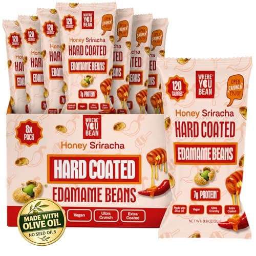 Where You Bean Hard Coated Edamame Beans Snack (Honey Sriracha) - Crunchy and Roasted Edamame Beans Snack - Vegan, Plant Based Protein, Keto Friendly & Healthy Snacks for Adults 0.9 oz (Pack of 8)