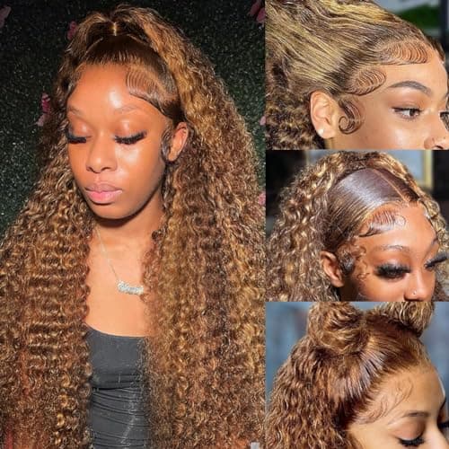 FFEGG Hidden Strap 360 Water Wave 220% Density Honey Blonde Deep Curly Human Hair wig Ombre Deep Wave 4/27 Highlight Lace Front Wigs Pre Plucked Wet And Wavy Water Wave Wig for Women 18 Inch - Thumbnail 2