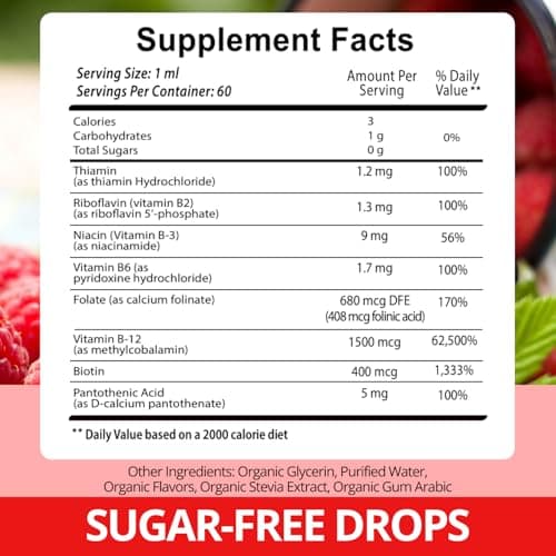 2 Pack Vitamin B Complex 20000 mcg - Vitamin B12 Sublingual Methylcobalamin Extra Strength Raspberry Liquid Drops for Women and Men - USA Made, B1, B2, B3, B5,B6, Biotin, Folic Acid | 4fl oz (120ml) - Thumbnail 3