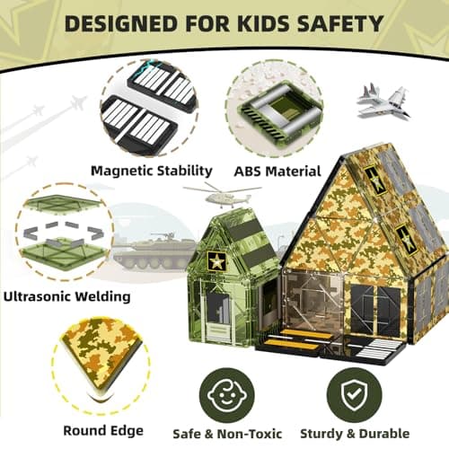 GobiDex 100PCS Army Magnetic Tiles for Toddler, STEM Construction Building Blocks for Kids Military Toys Games, Upgraded Educational Birthday Gifts Toys for 3+ Year Old Boys Girls, Classroom Must Have - Thumbnail 6