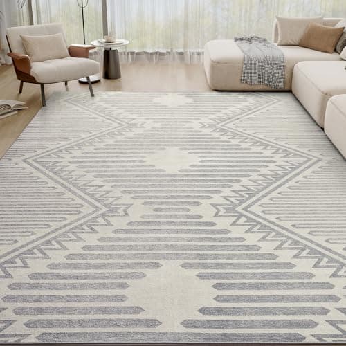 Silver Grey Boho 8x10 Area Rugs Textured Tufted Rugs for Living Room Bedroom Rug-Carpet Washable Neutral Modern Aztec Rug