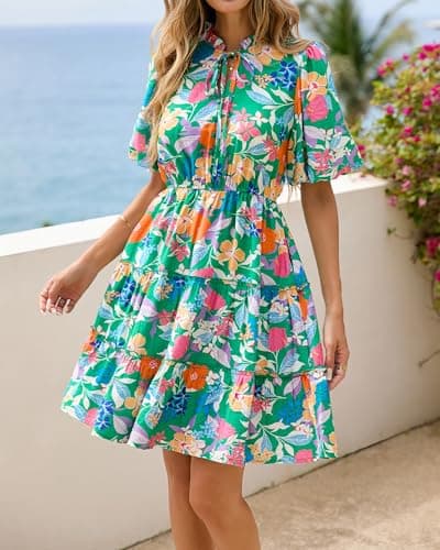 BTFBM Women Summer Floral Short Dresses V Neck Short Sleeve Tiered Ruffle Boho Swing Dress A-Line Mini Dresses(Floral Green Orange,Small) - Thumbnail 4