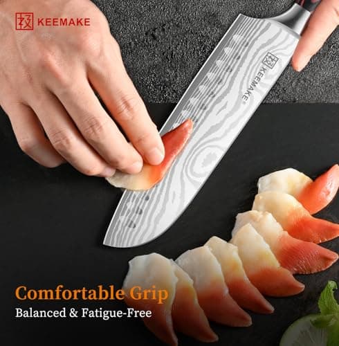 KEEMAKE Santoku Knife - 7 Inch High Carbon Japanese Chefs Knife with Ergonomic Pakkawood Handle and Sheath, Gifts for Mom or Dad, Kitchen Gadgets with Gift Box, Father Day Gifts - Thumbnail 6