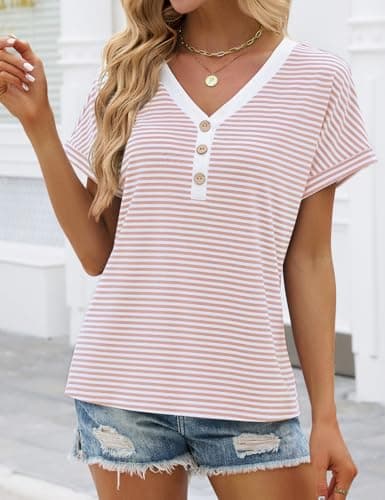 Womens T Shirts Striped Henley V Neck Dolman Short Sleeve Shirts Summer Tees Tops Beach Vacation Button Front Dressy Blouses 2026 Casual (Pink, X-Large) - Thumbnail 4