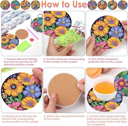 ijbnhd 8 Pcs Flowers Diamond Art Coasters with Holder-DIY Flowers Diamond Painting Coasters 5D Gem Art Coaster with Cork Pads for Adults (4X4inch) (Cork Wooden Pad) - Thumbnail 6