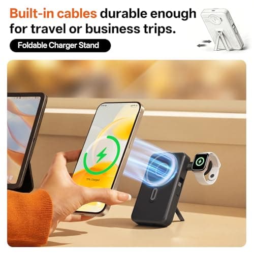 Q Magnetic Portable Charger 10,000mAh, Travel Essentials Wireless Power Bank with Built-in Cables & Foldable Stand, External Battery Pack Compatible with iPhone 17/16/15/14/13/12, Apple Watch - Thumbnail 2
