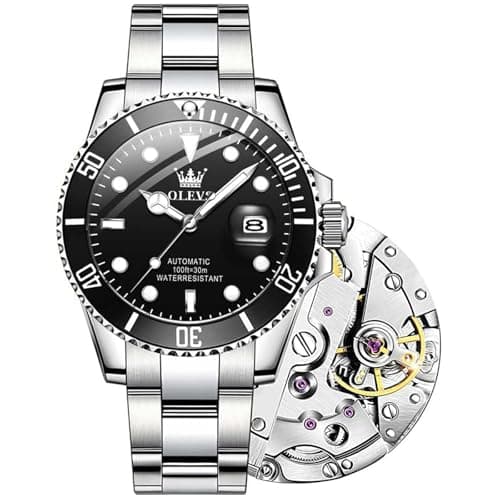 OLEVS Watch Men Automatic Self Winding Black Face Silver Stainless Steel Watches for Men Luxury Dress Waterproof No Battery Mens Wrist Watch Relojes De Hombre - Image 1