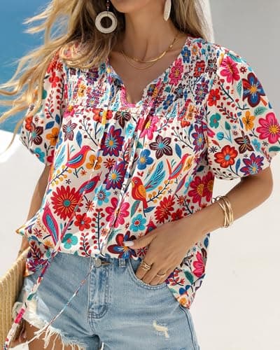 KIRUNDO Boho Tops for Women Summer 2026 Dressy Floral Blouse V Neck Drawstring Short Sleeve Shirts Beach Vacation Clothes(White Multicolored, X-Large) - Thumbnail 2