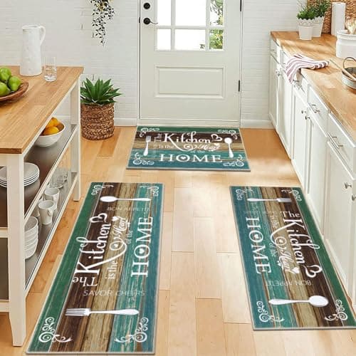 Vaukki Boho Kitchen Rug Sets 3 Pieces, Washable Kitchen Mats for Floor, Non Slip Soft Kitchen Area Rug Floor Mat for Kitchen, Laundry Room and Hallway (Teal, 20''x32''+20''x47''+20''x59'') - Thumbnail 6