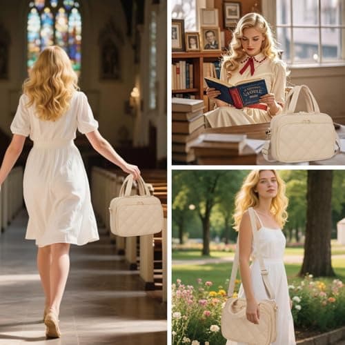 Large Bible Cover for Women,2 Compartments Bible Carrying Case With Handles Shoulder Strap, Soft Puffy Quilted Bible Bags With Book Cover Organizer, Bible Tote For Church Study Supplies Accessories - Thumbnail 2