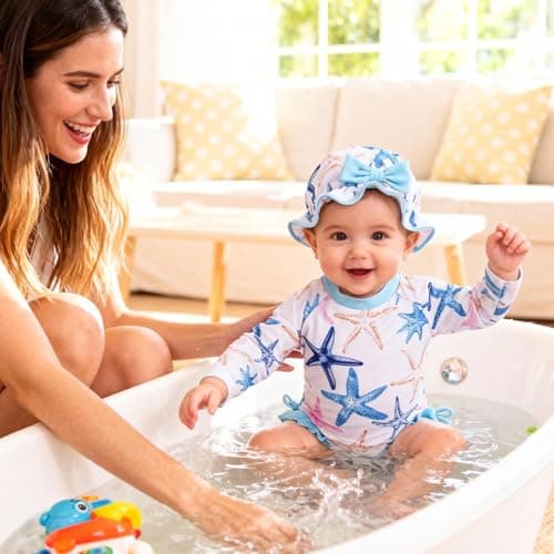 AMAWMW Infant Baby Girl Swimsuit Long Sleeve One-Piece Swimwear with Hat Rash Guard Floral Zipper Bathing Suit Beach Wear - Thumbnail 5
